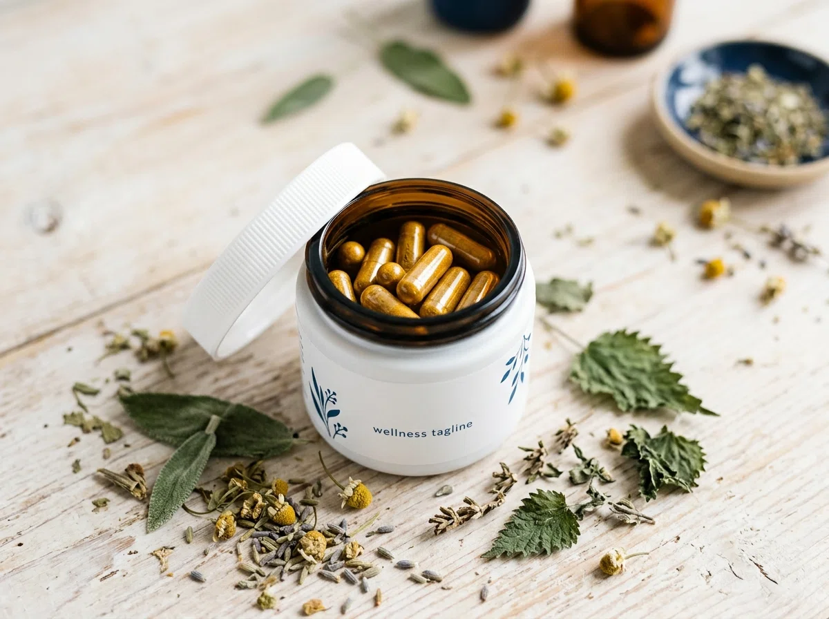 Alpha Drive supplement capsules with botanical herbs and green leaves - men's health supplements UK