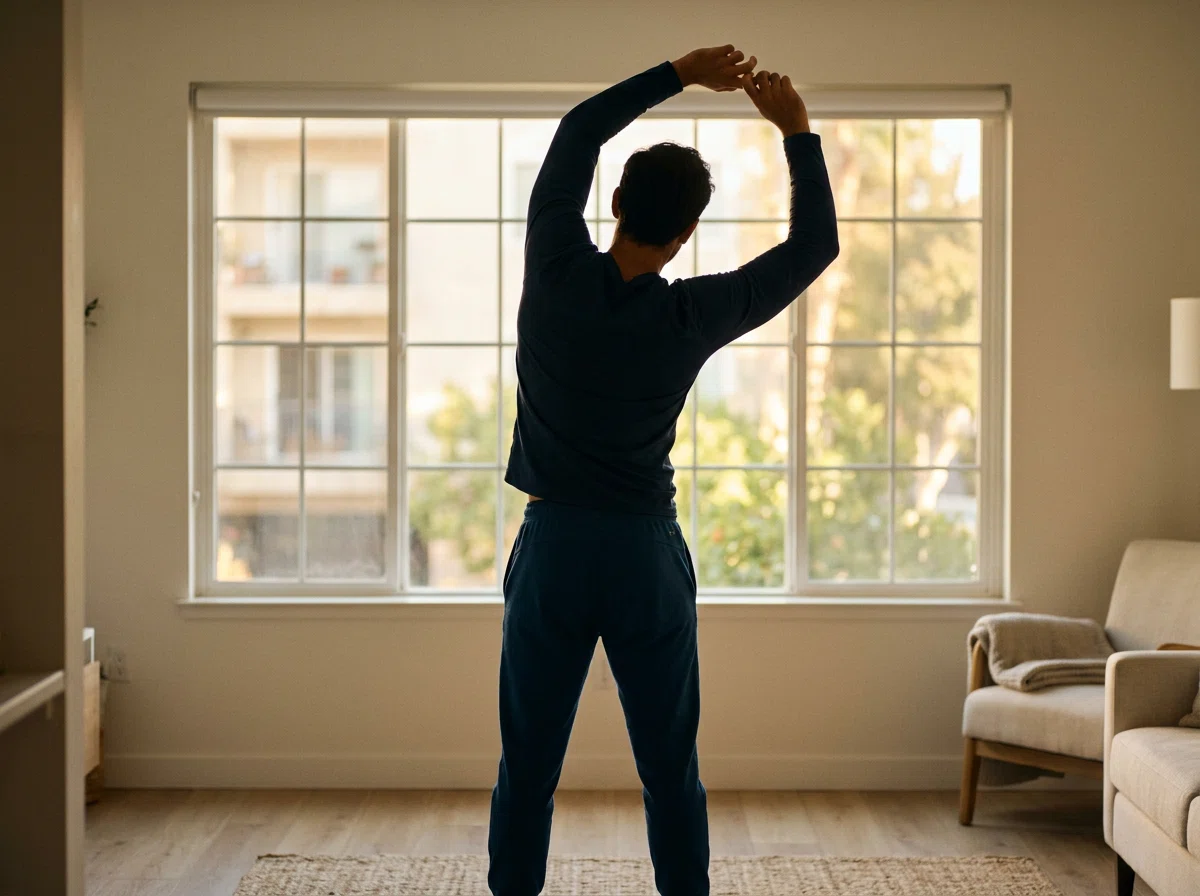 Anonymous man doing gentle morning stretching - daily men's wellness routine