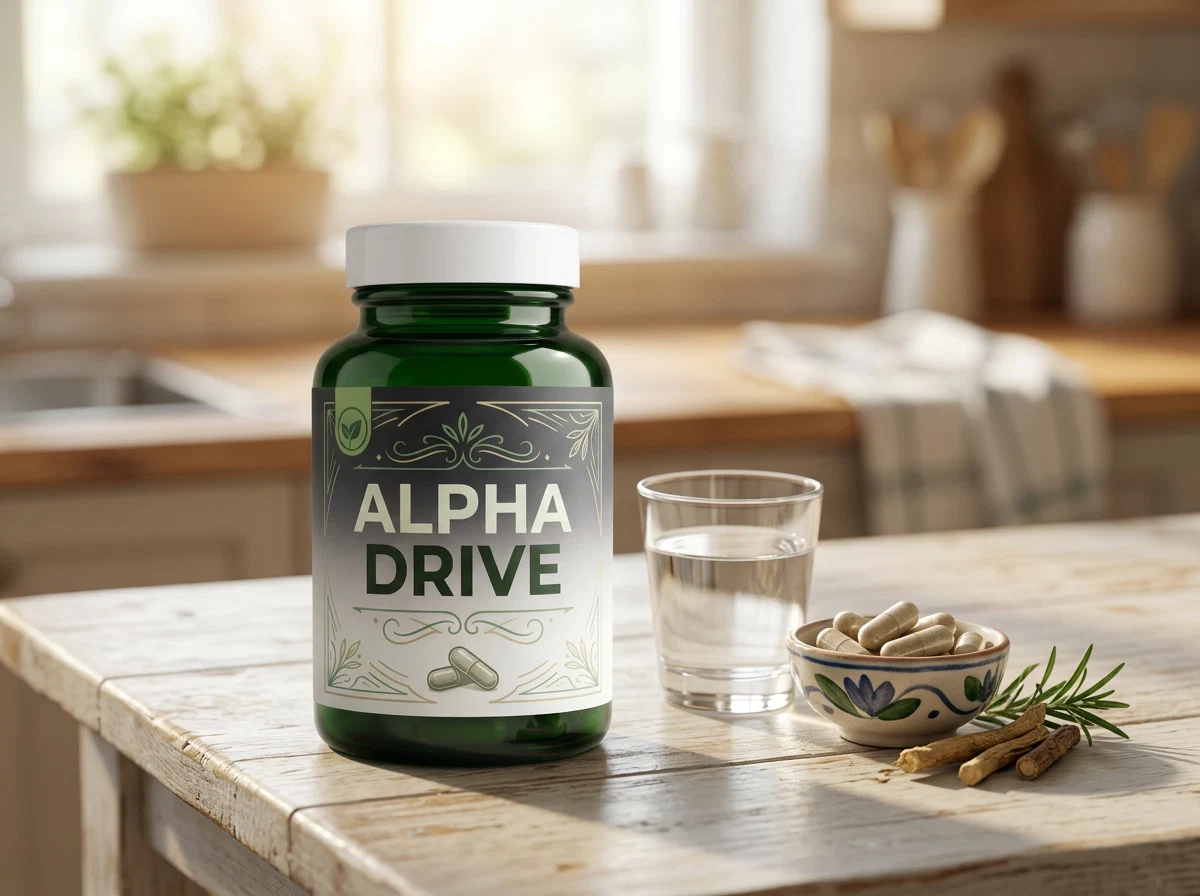 Hands holding Alpha Drive men's wellness supplement jar - order now