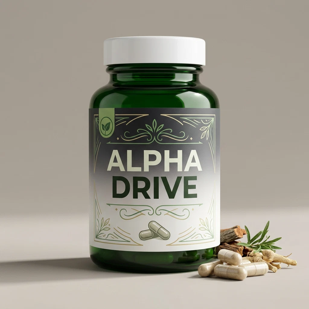 Alpha Drive men's wellness supplement jar - 2 capsules with breakfast